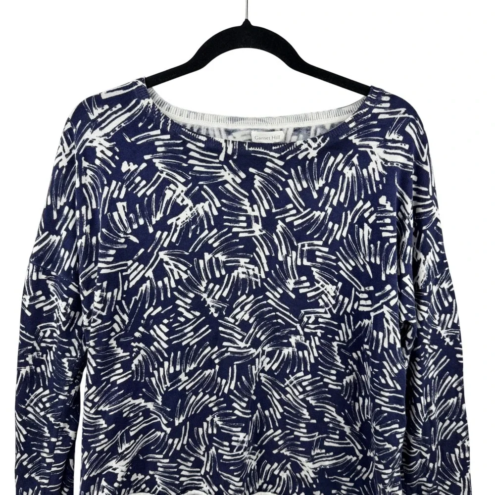 Garnet Hill Sweater Womens Medium Navy Blue Silk Cotton Abstract Oversized